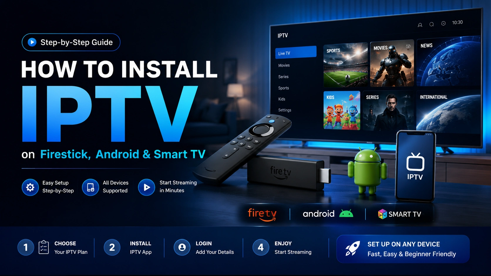 Illustration of a TV, streaming stick and remote control showing the IPTV setup process